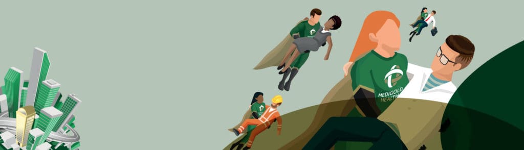 Occupational health - superheros carrying people graphic