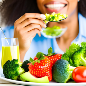 a lady eating a healthy diet to improve both her wellbeing and happiness